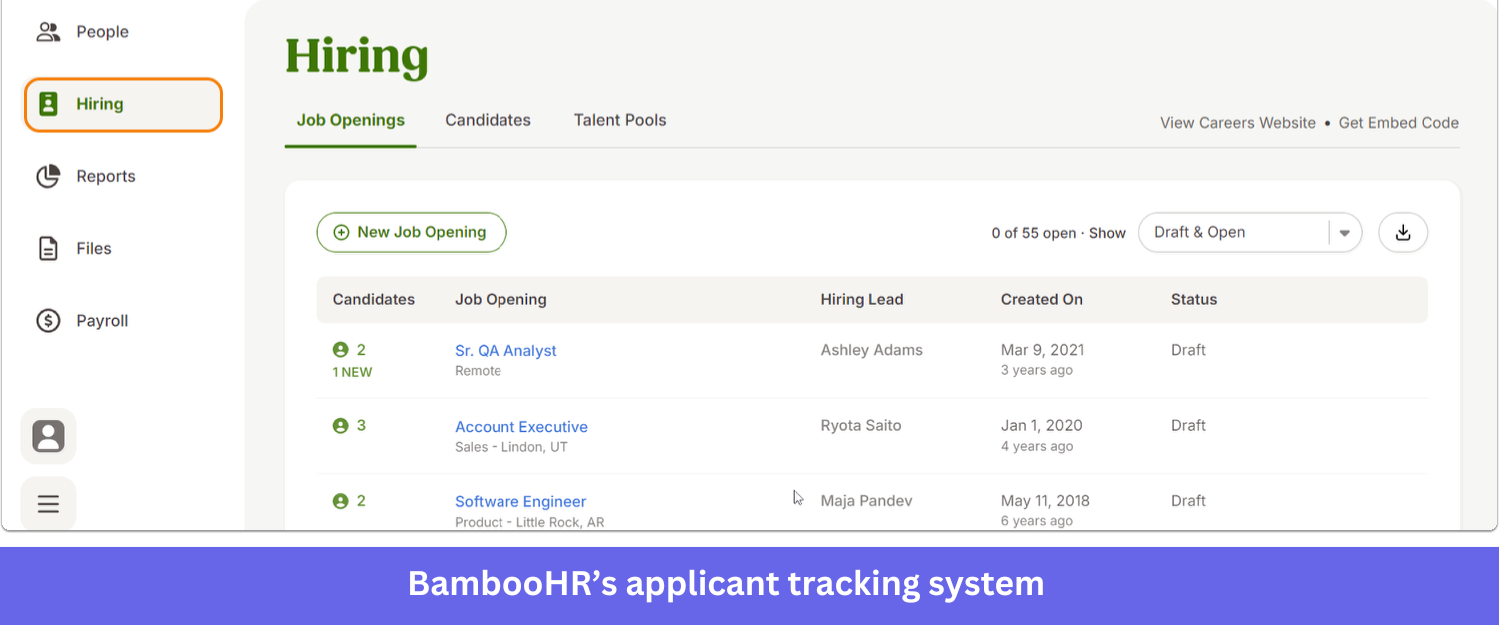 Bamboo HR's applicant tracking system feature