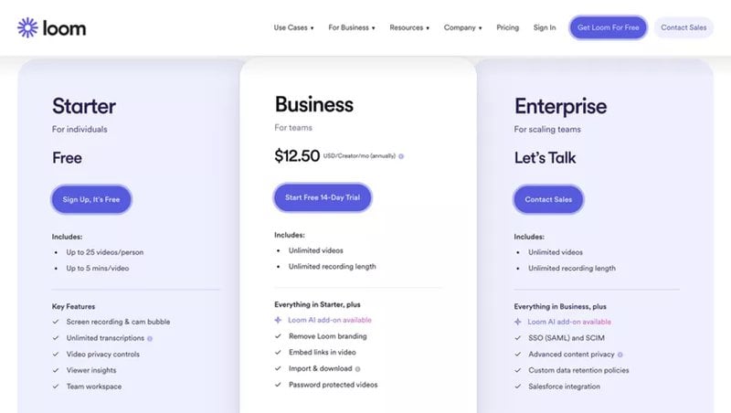 Loom's pricing page with attractive CTAs