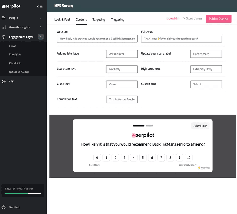 Create NPS Survey with Userpilot