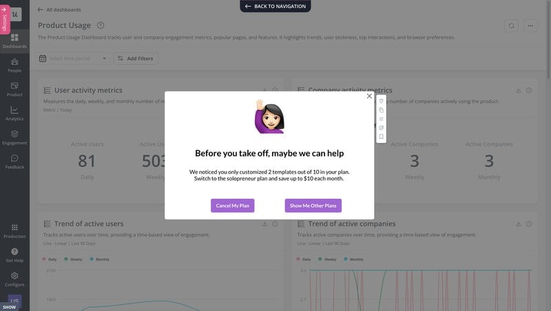 A screenshot of a notification in Userpilot of an offer if a customer cancels