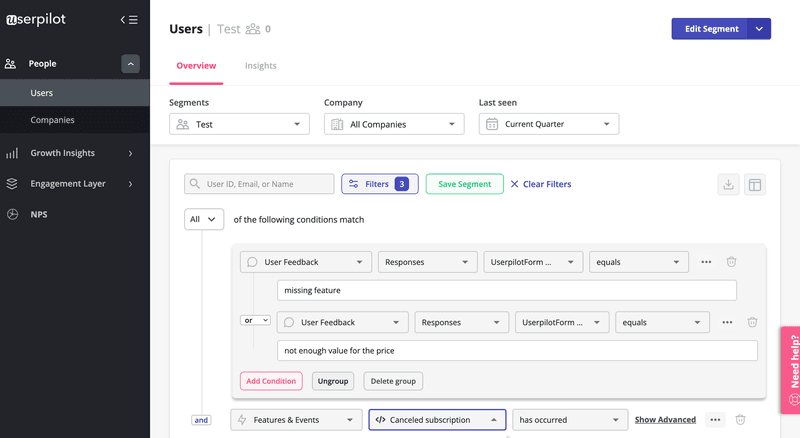You can segment users by survey answers and product usage in Userpilot