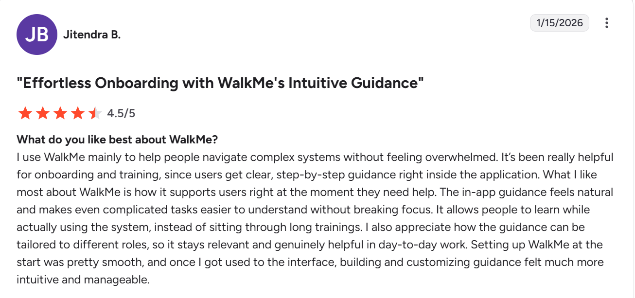 WalkMe review describing the platform as better suited for large scale adoption.