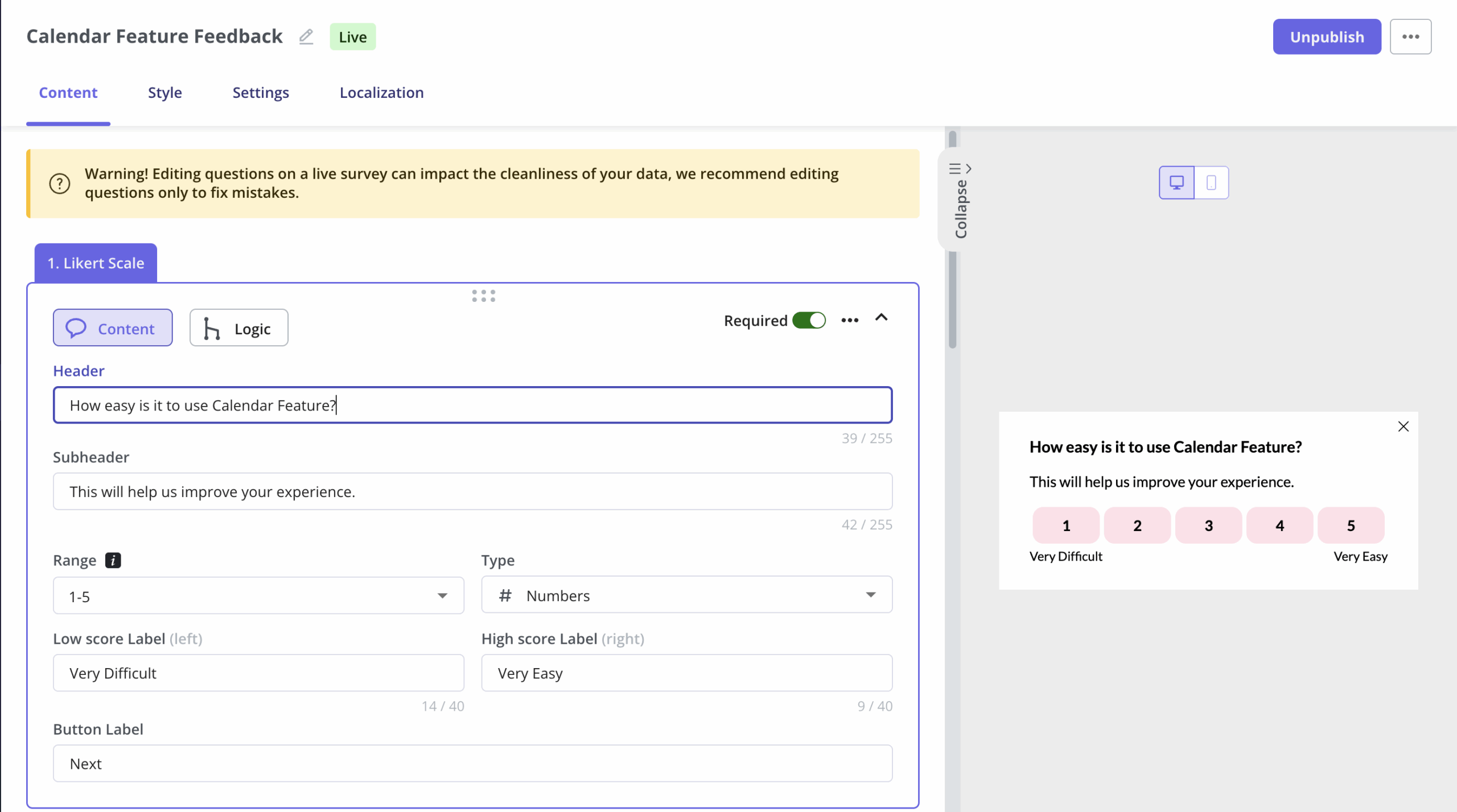 In-app survey for customer feedback.