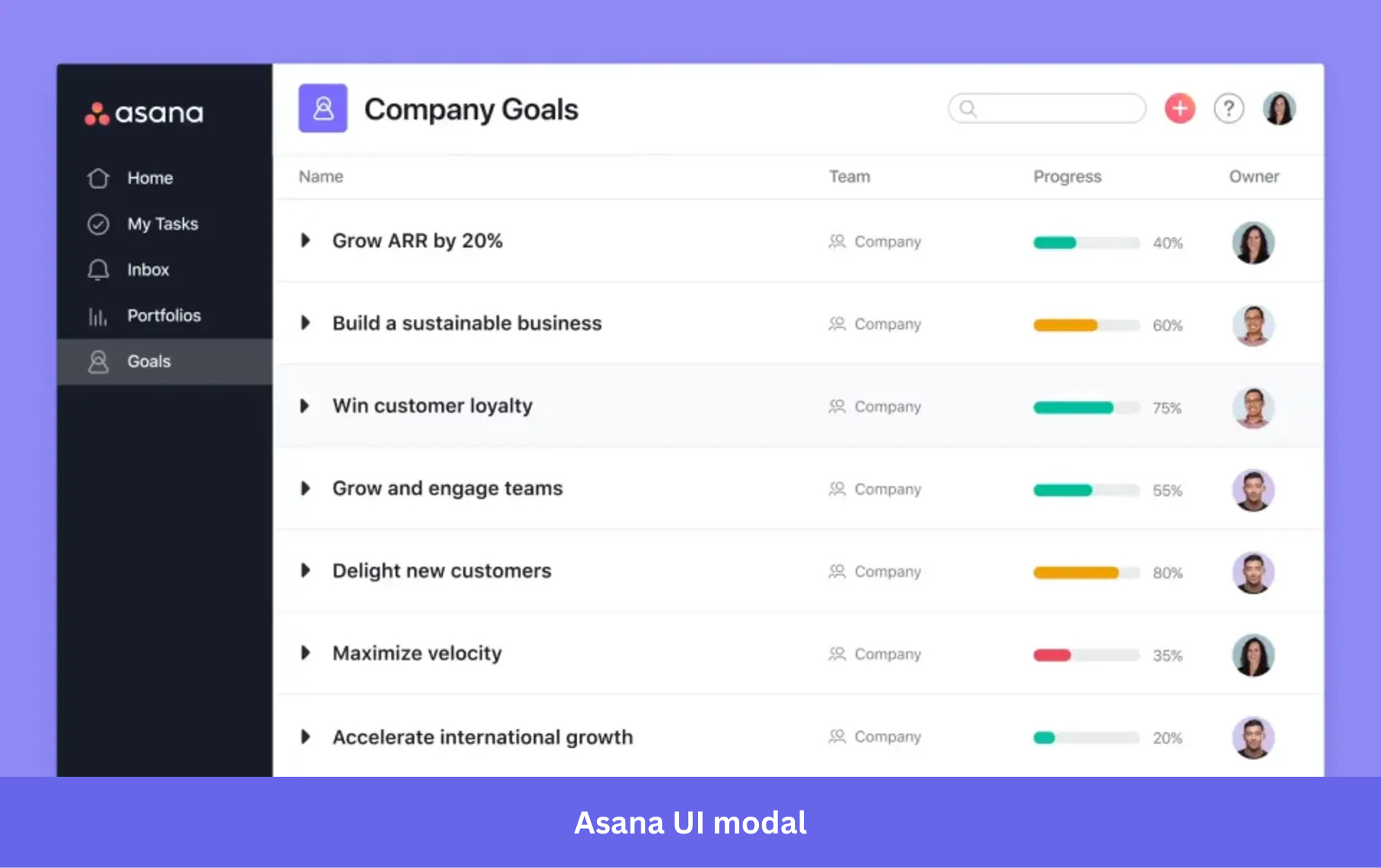 Asana's Goals feature announcement modal