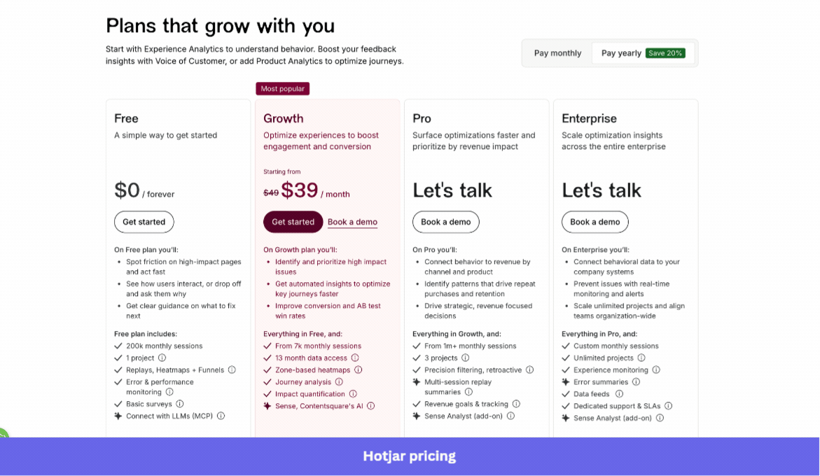 Hotjar pricing as on the parent company website