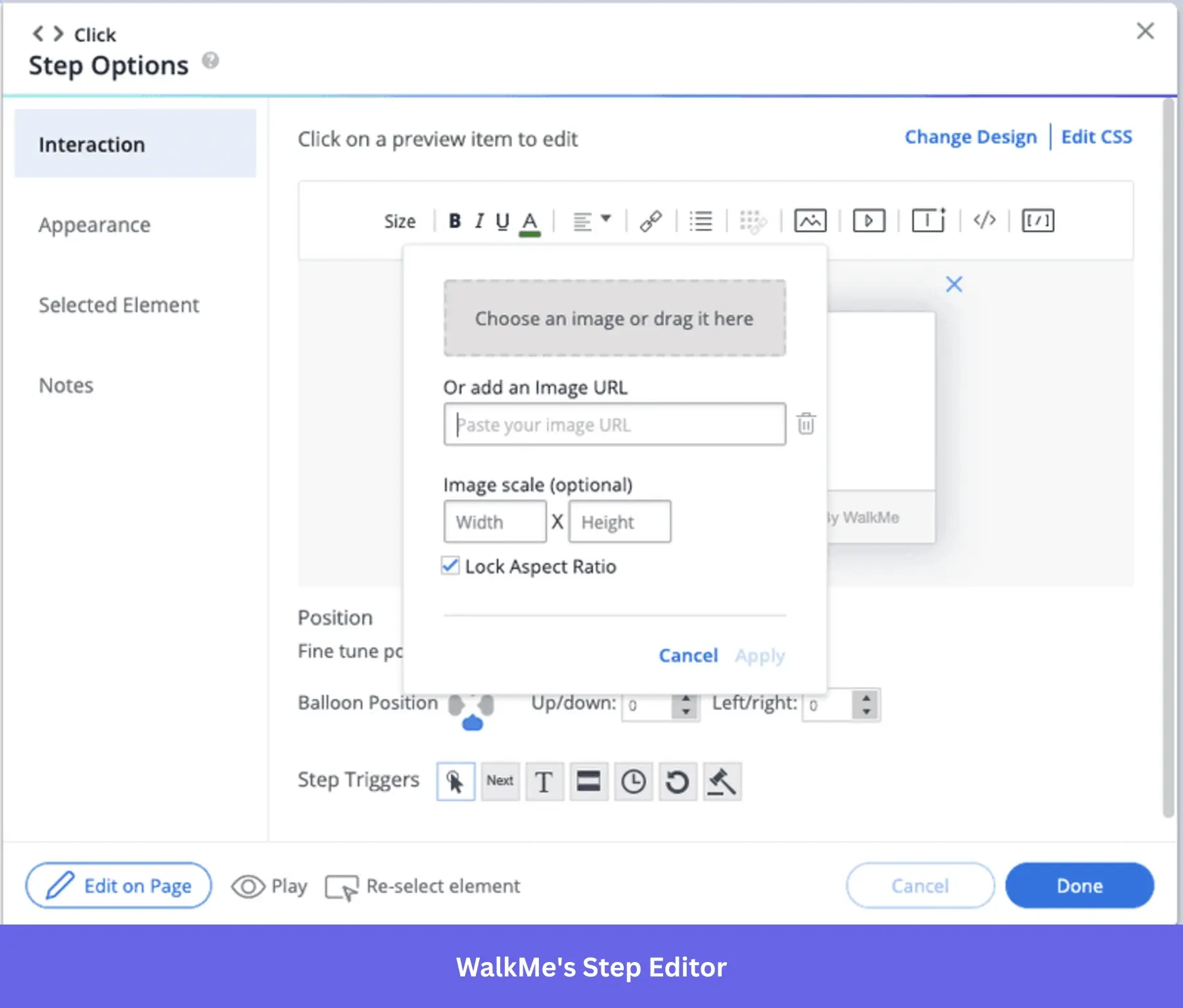 WalkMe step editor interface showing image upload and formatting options for in-app walkthroughs. WalkMe's step editor allows customization with media, formatting, and precise position control.