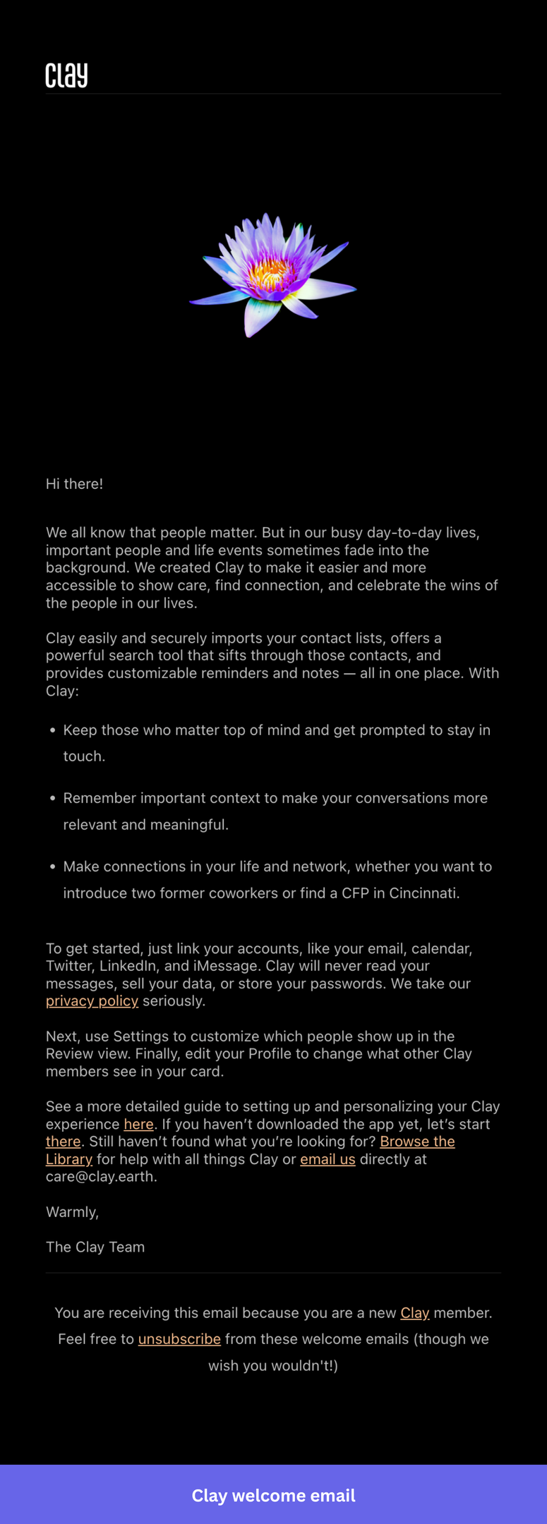 Clean and simple welcome email by Clay