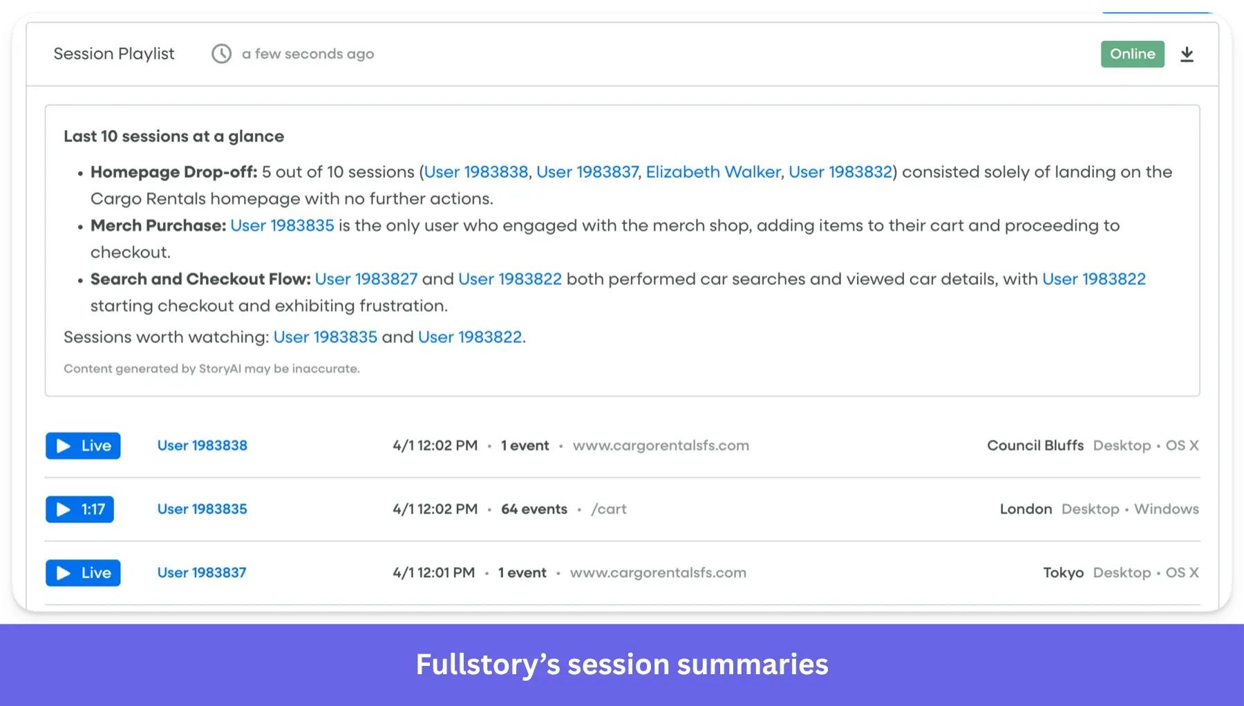 Fullstory session summary. Summarizing sessions with Fullstory.