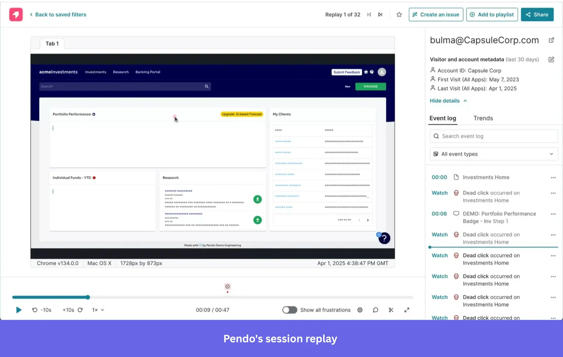 Detailed session replays in Pendo.