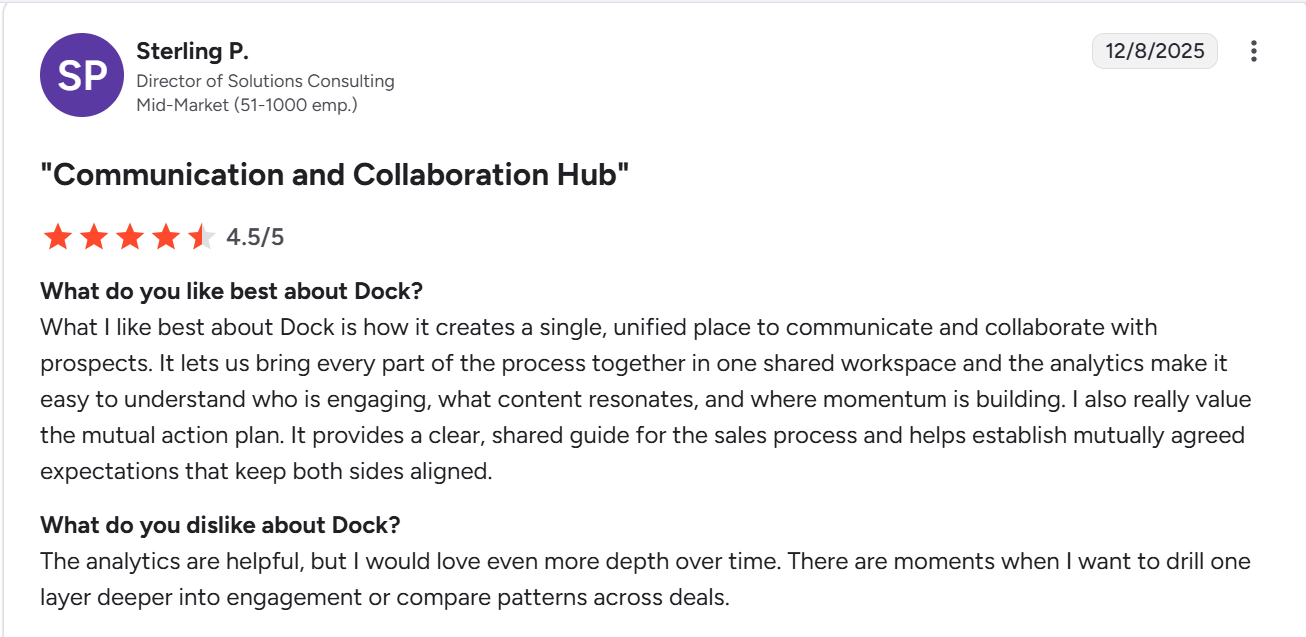 G2 review about dock's usefulness and lack of advance analytics.