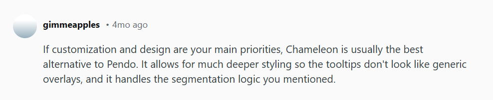 A Reddit comment comparing Chameleon and Pendo.