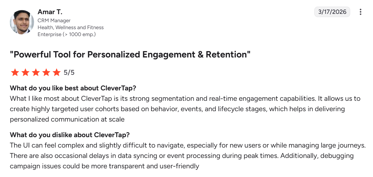 G2 review showing CleverTap's pros and cons.