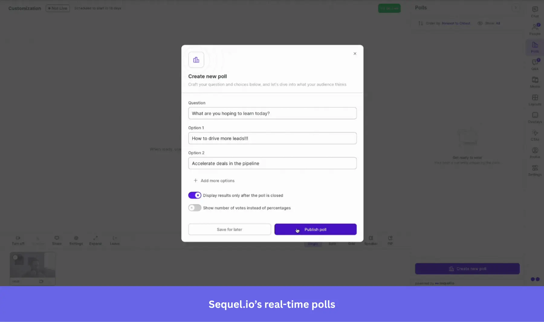 Screenshot of the Sequel.io webinar interface showing the "Create new poll" modal.