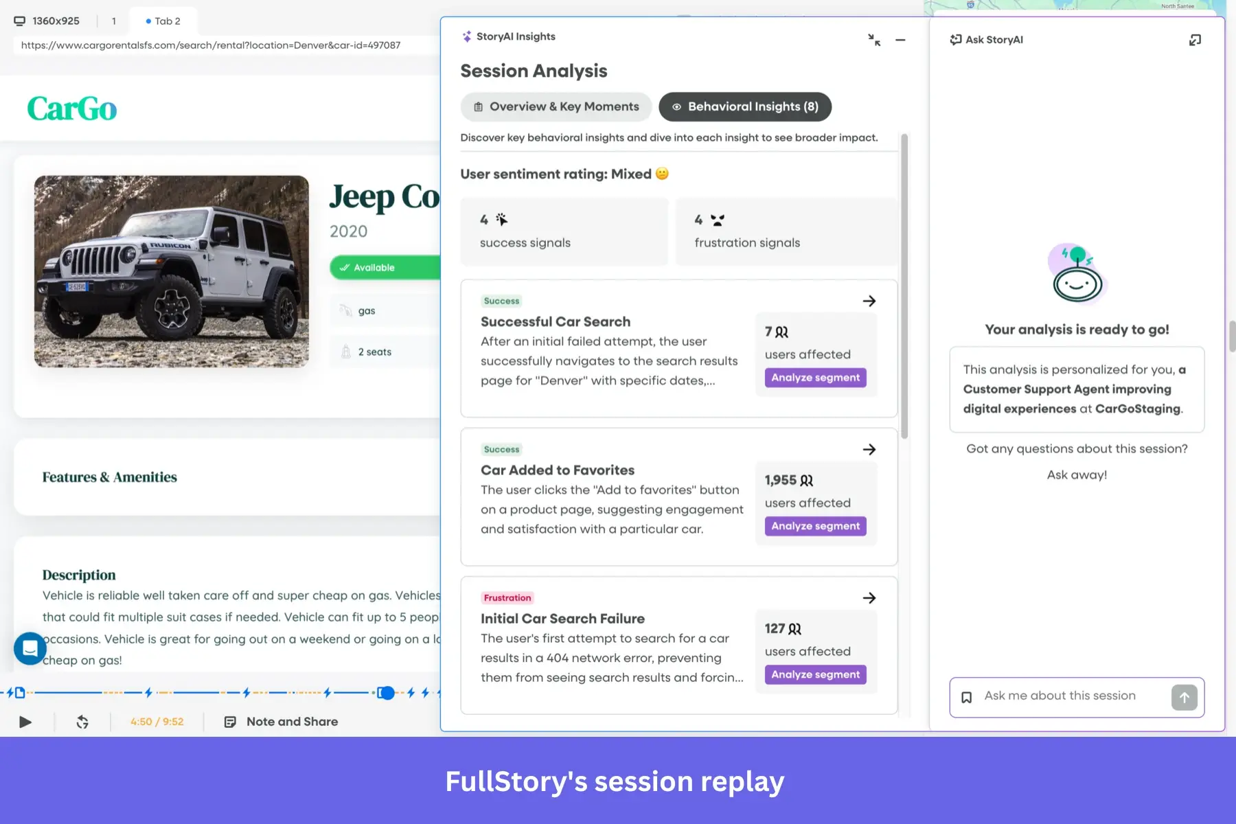 User session report in FullStory.