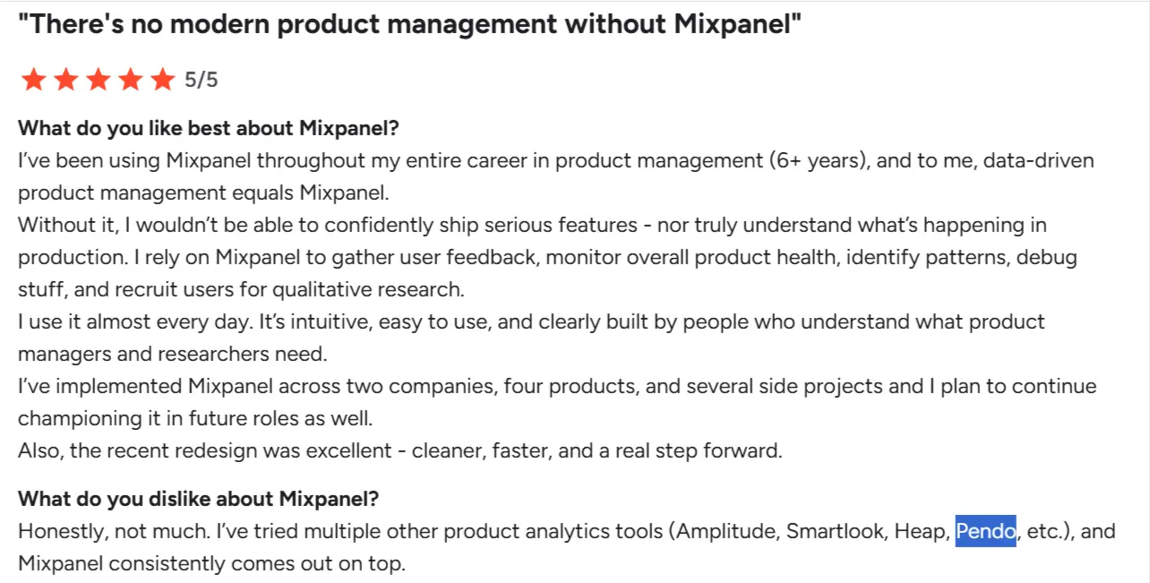G2 user saying Mixpanel is the best product analytics tool they've used.