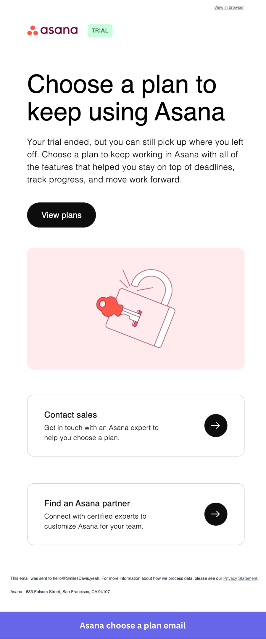 Asana choose a plan email