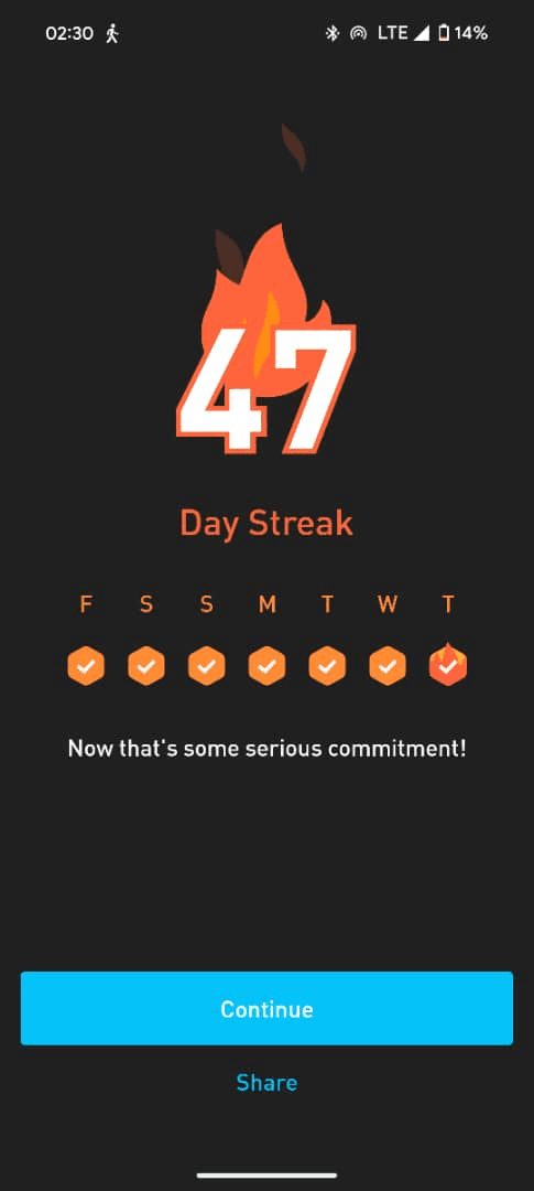 Example of streak celebration on Elevate