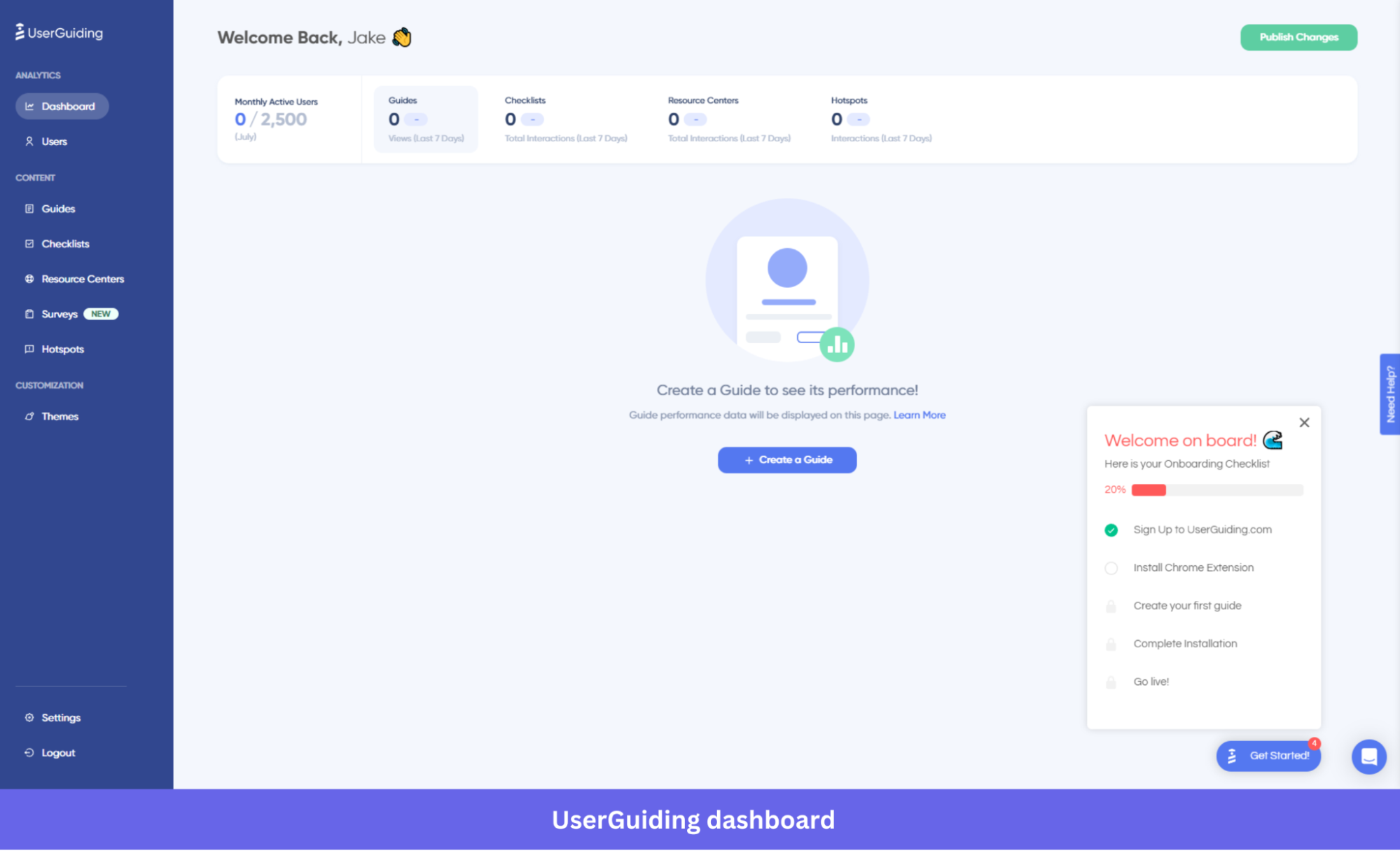 UserGuiding's dashboard showing an onboarding modal with checklists