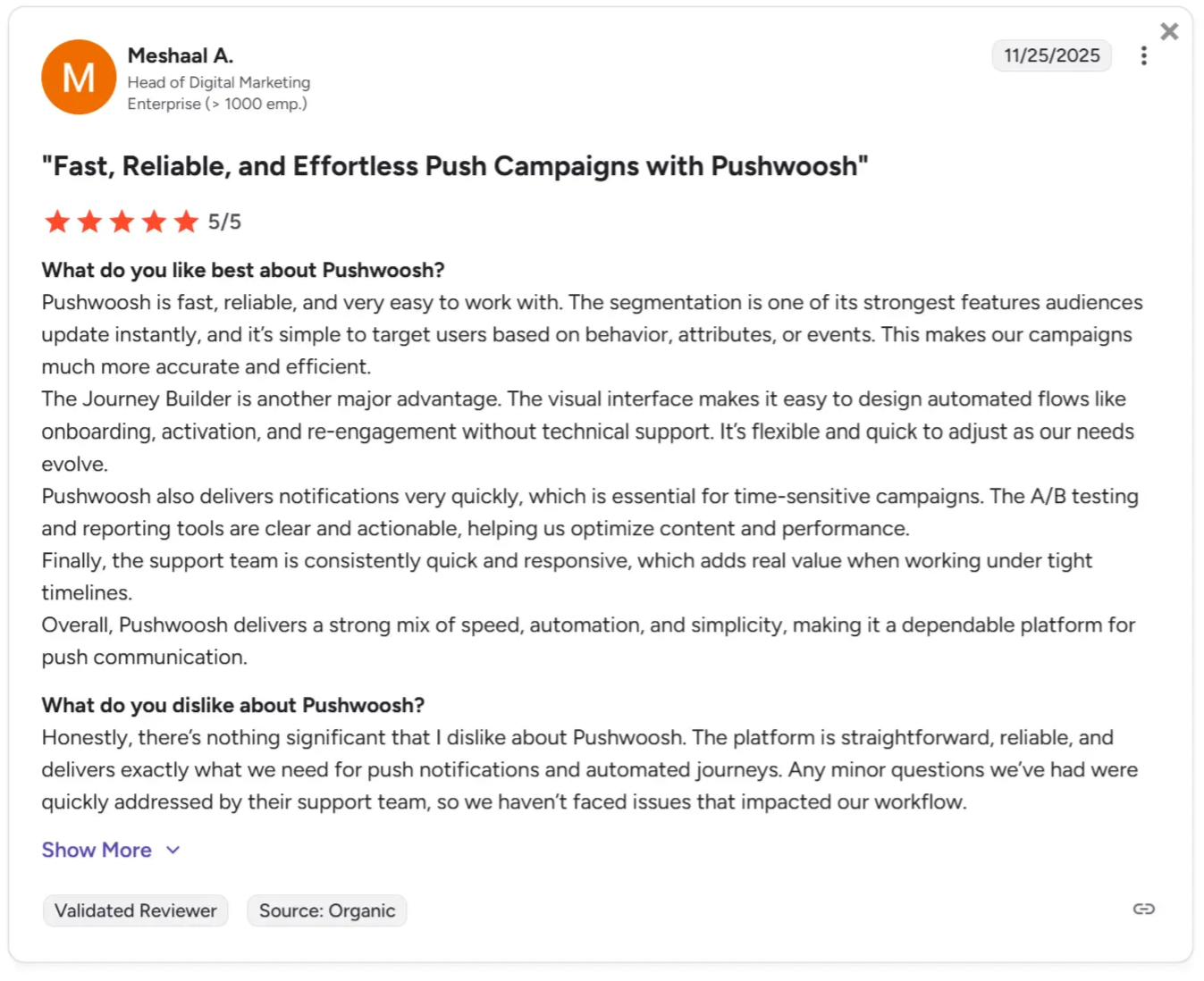 G2 review on Pushwoosh features for implementing in-app messaging.