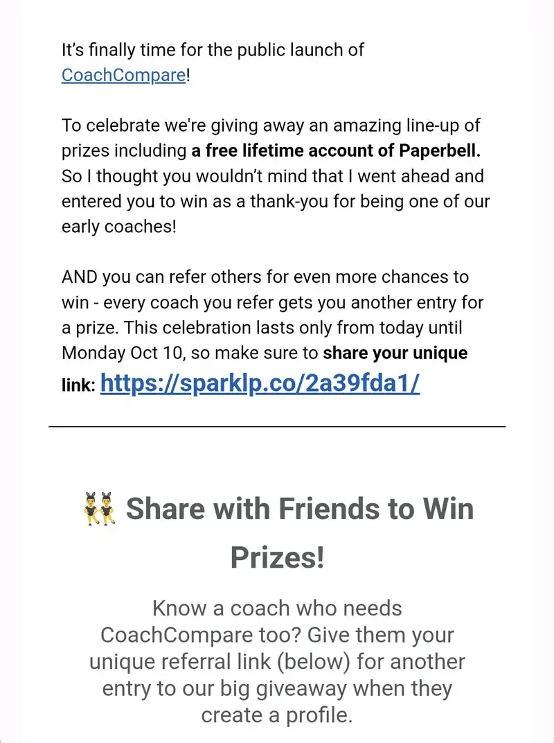CoachCompare product launch email with contest