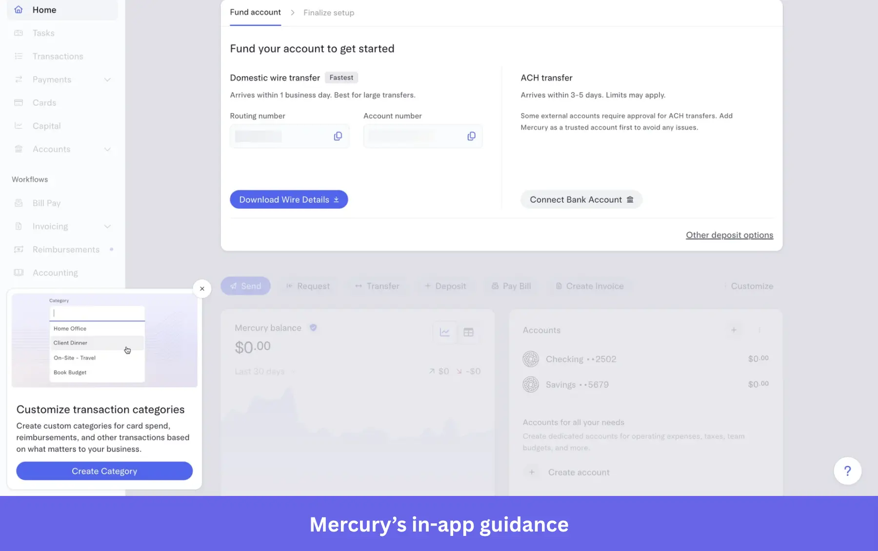 Mercury in-app onboarding for better customer experience and customer satisfaction. Mercury showing you how to categorize your transactions for financial institutions.
