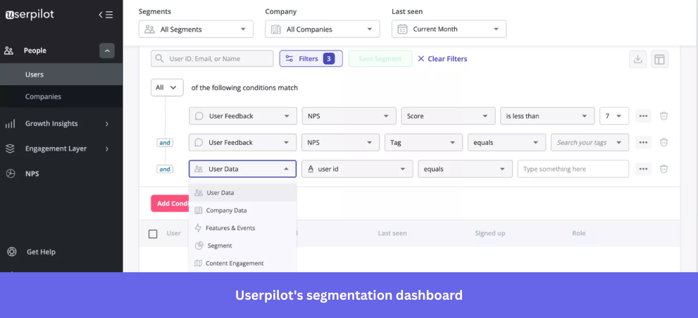 Userpilot segmentation dashboard