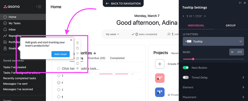 Screenshot of Userpilot x Asana fake door test