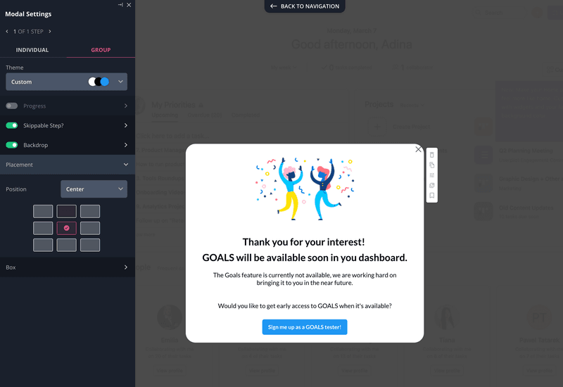 Screenshot of Userpilot x Asana fake door test message
