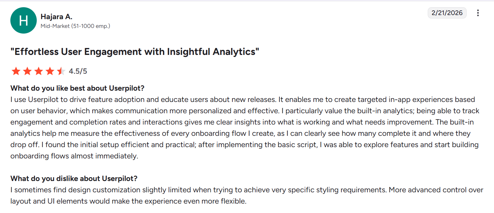 G2 review about Userpilot's engagement and analytics features.