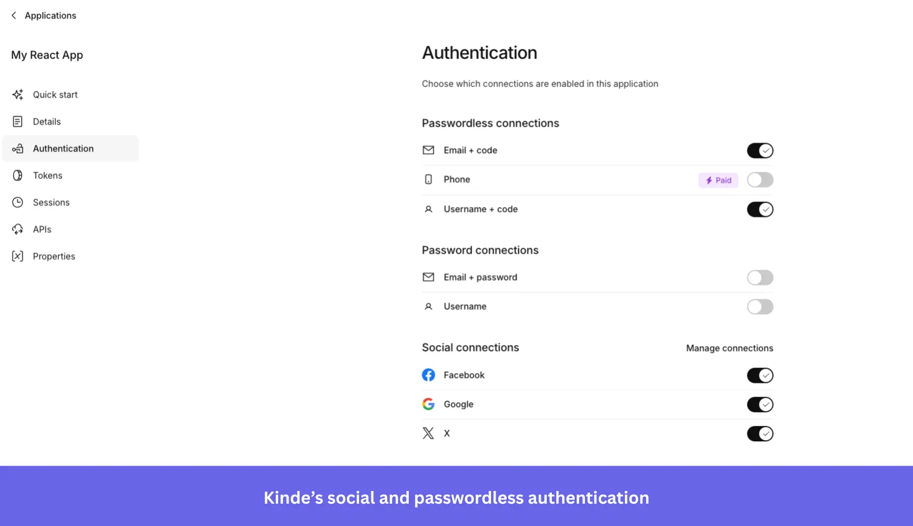 Screenshot of the Kinde authentication settings for a React application.