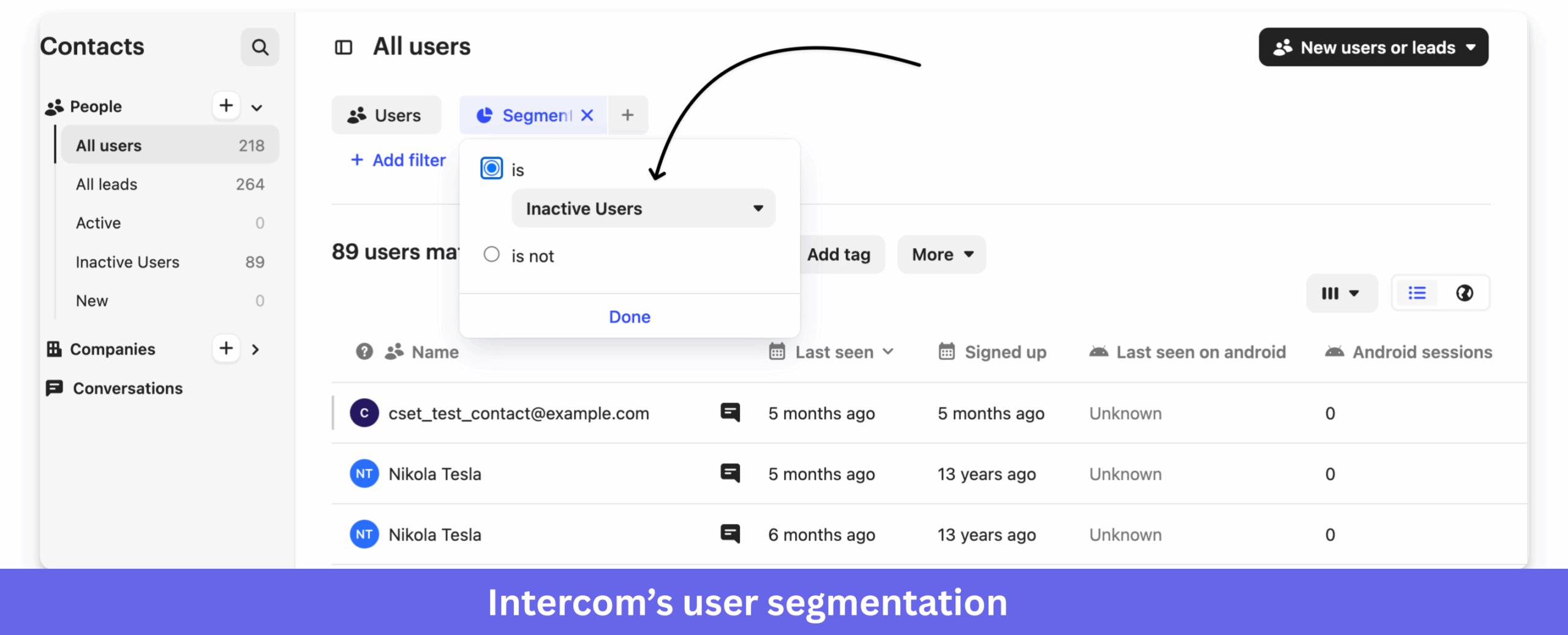 Intercom's user segmentation feature