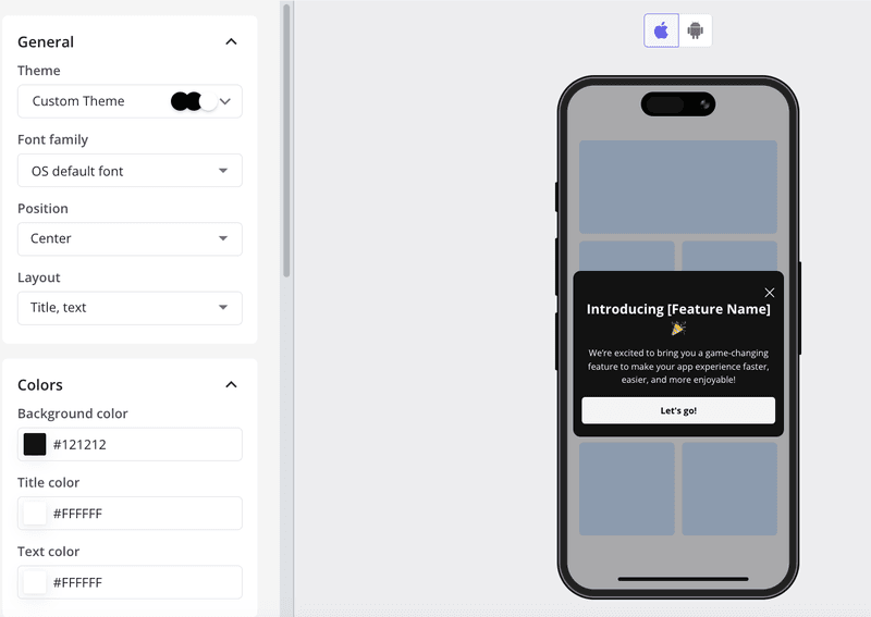 In-app announcements via mobile slideouts