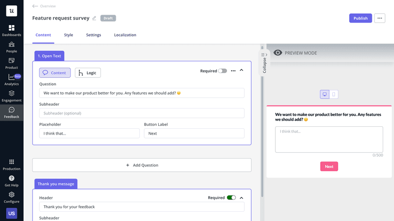 Feature request survey created in Userpilot