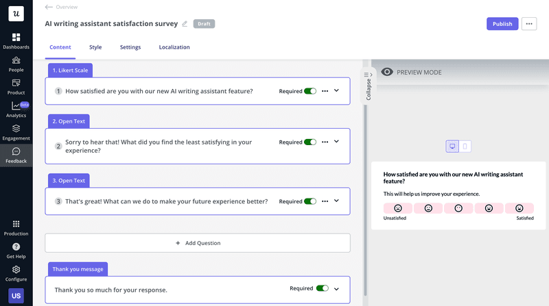 An in-app survey to measure feature success created in Userpilot
