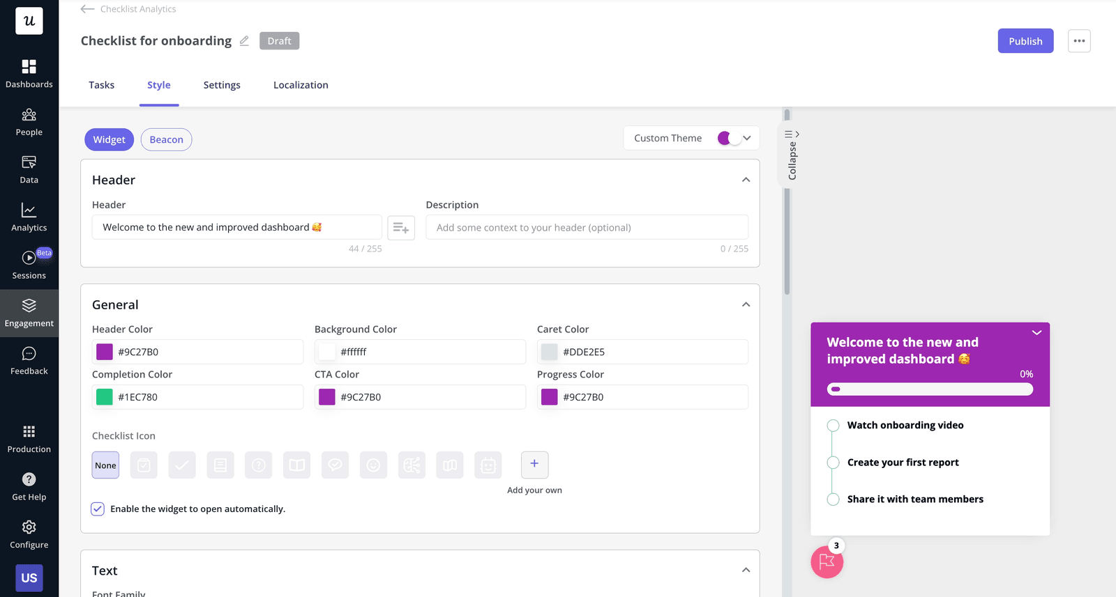 Customizing an onboarding checklist in Userpilot to encourage new user engagement.
