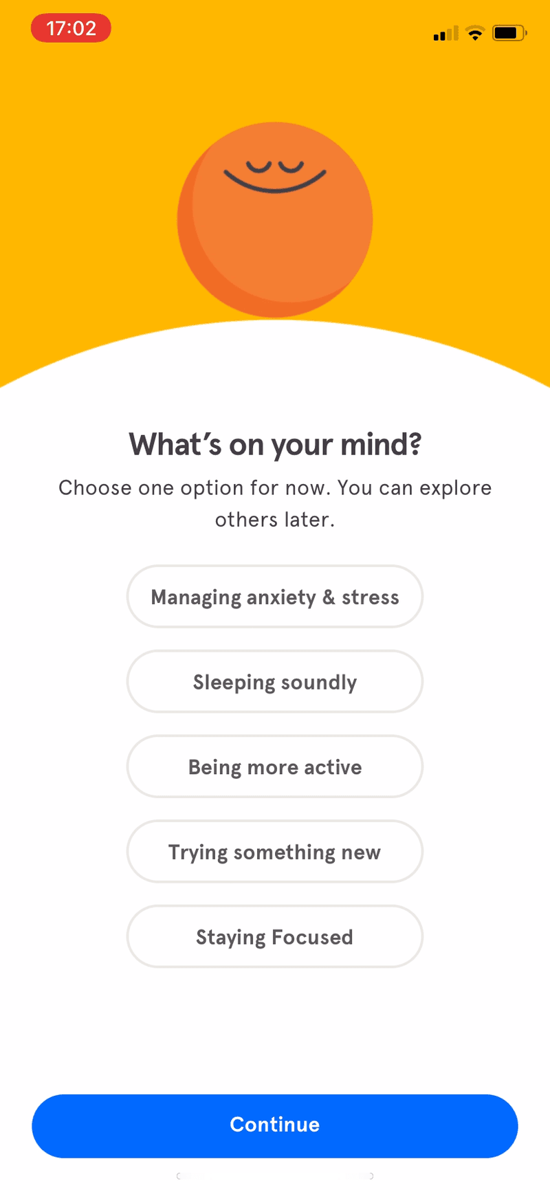 Headspace’s onboarding screen for selecting a goal.