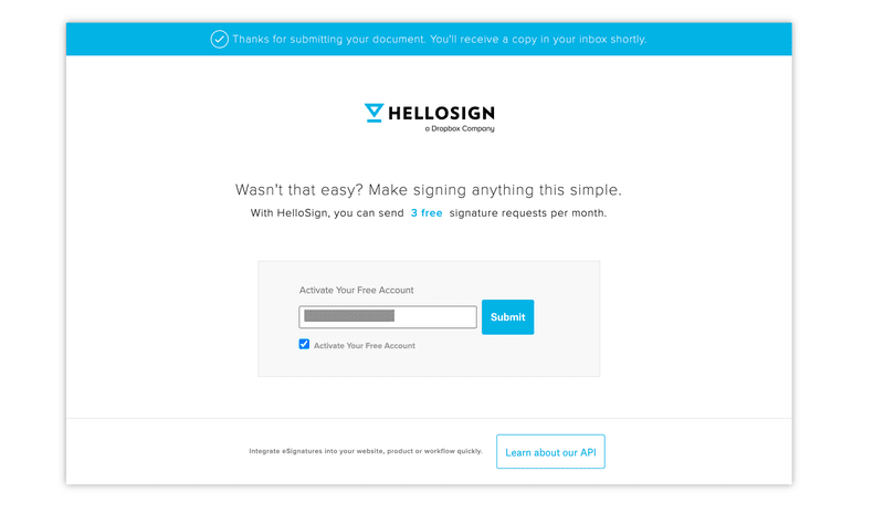 Screenshot of hellosign signup page