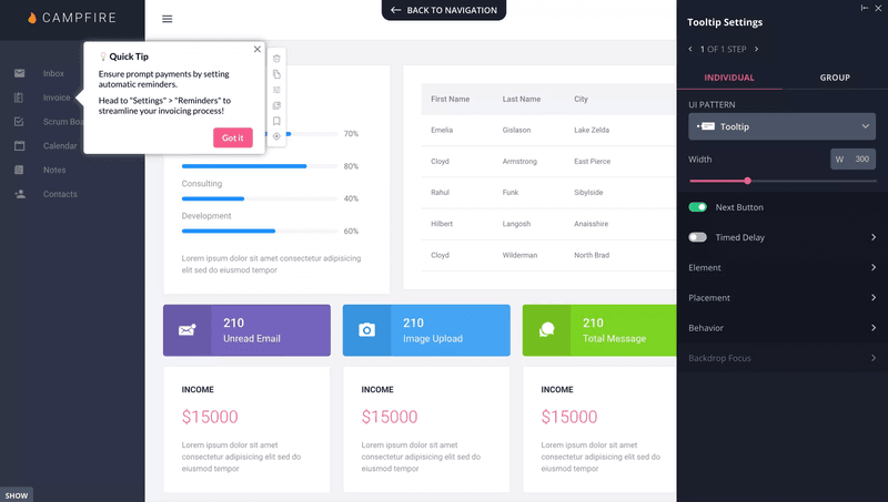 Tooltips are interactive elements that can prompt engagement and help users discover your product’s value.