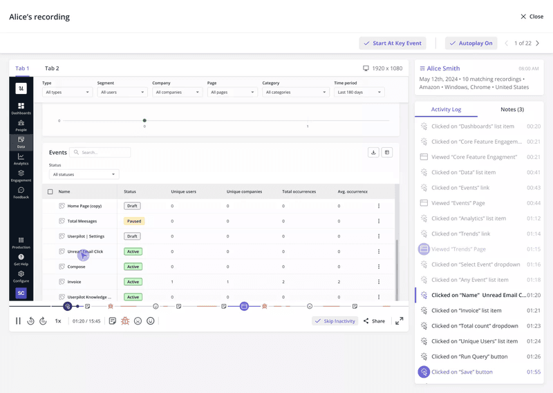 Watch key moments in session recordings in Userpilot.