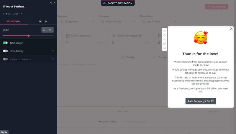 Data-driven customer segmentation use cases: modal encouraging the user to write a review