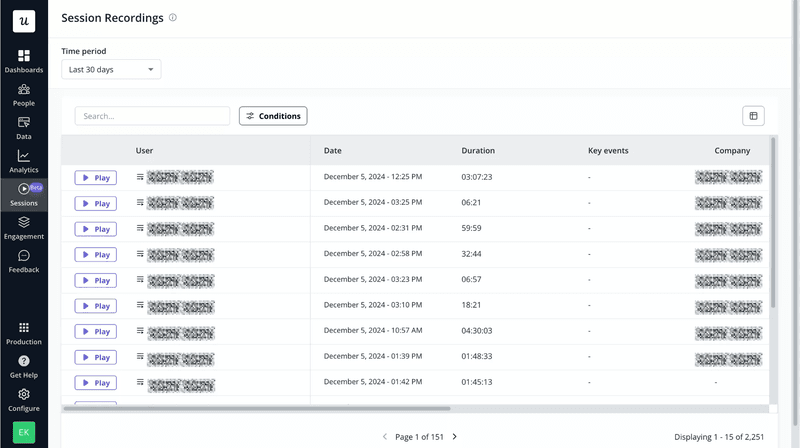Session library with masked sensitive user data in Userpilot.
