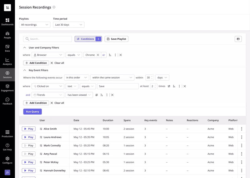 Implement advanced filters and segment session replays in Userpilot.