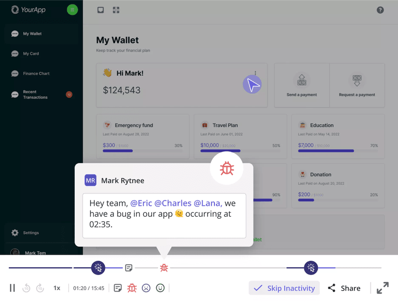 Collaborate across teams with notes in session recordings in Userpilot.