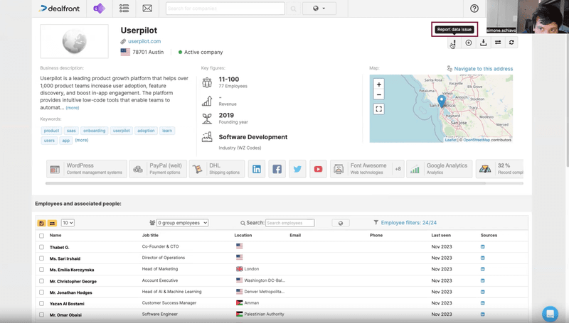 Button triggering the in-app survey from Dealfront’s dashboard