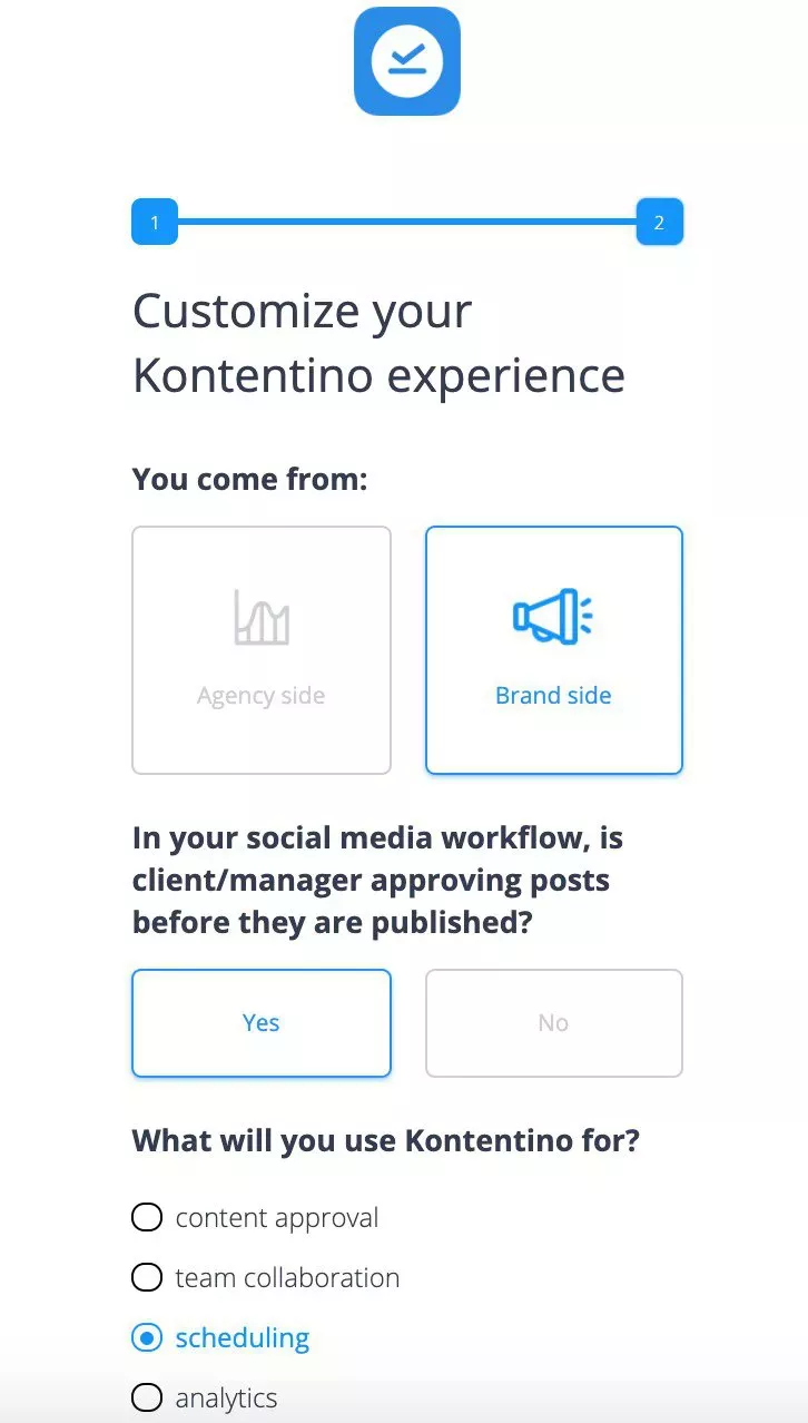 Kontentino sign-up flow