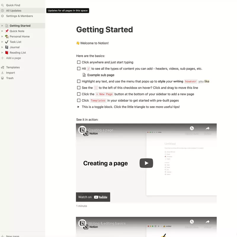 Screenshot of Notion empty state checklist