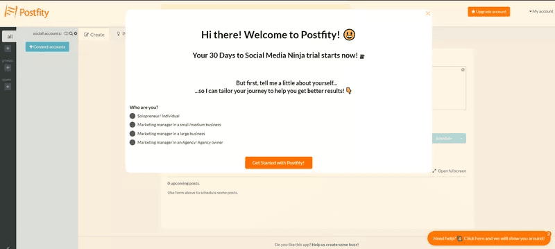 Personalized welcome screen from Postfity