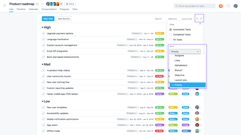 Roadmap list view in Asana