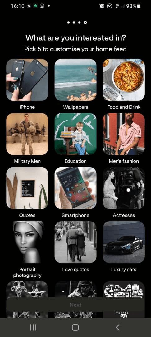 Example of Pinterest’s Pick Interests screen