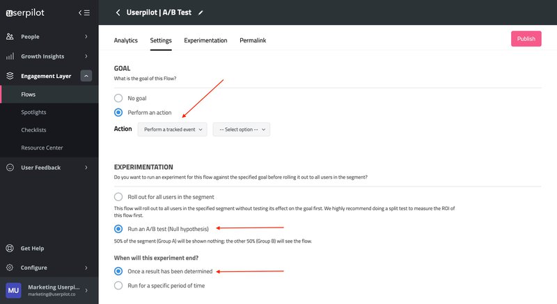 Set A/b test goal for improving user activation in Userpilot